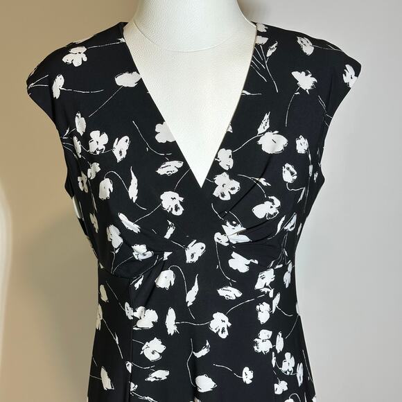 Anne Klein Black White Floral Cap Sleeve V-Neck Midi Dress Womens Size 6 Career - Picture 2 of 12